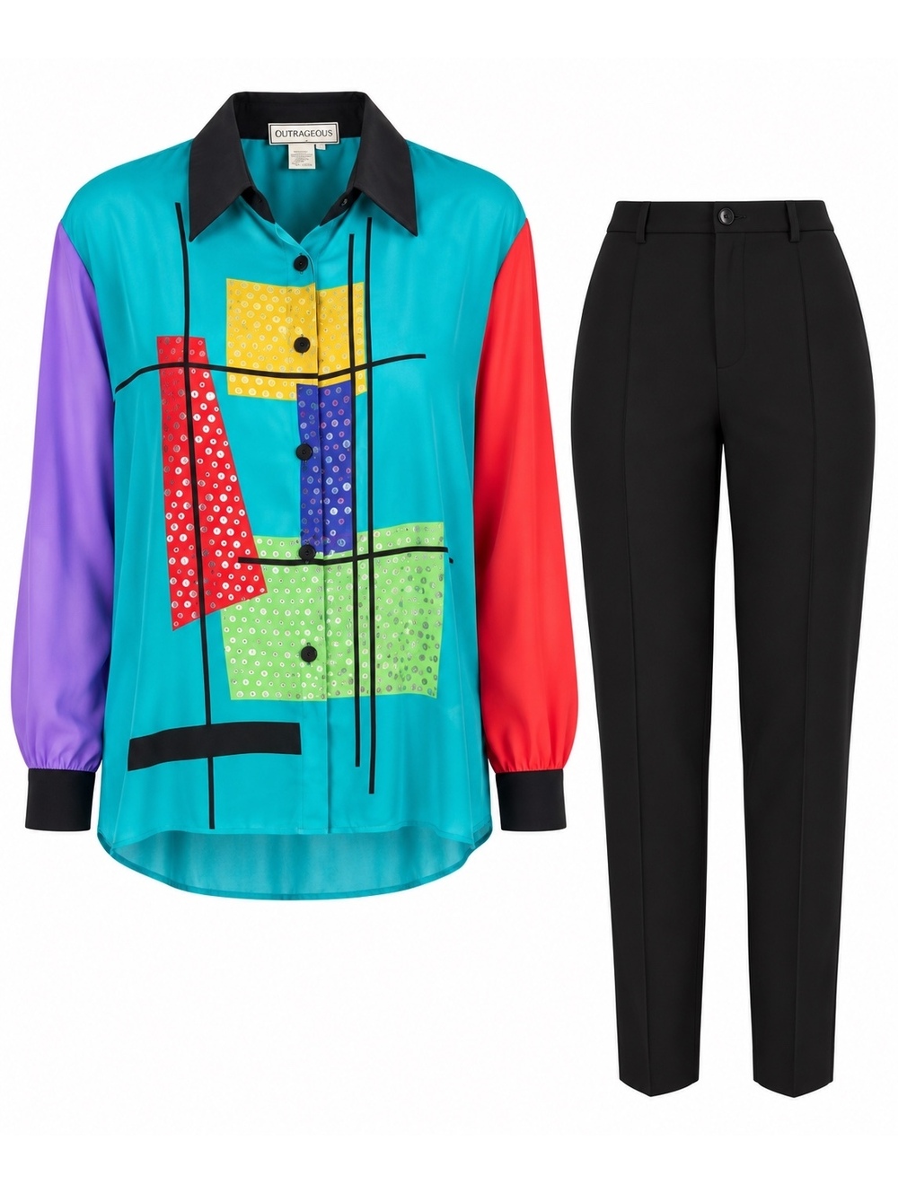 Vintage Diane Gilman 100% Silk Colorblock Top & Black Pants Set